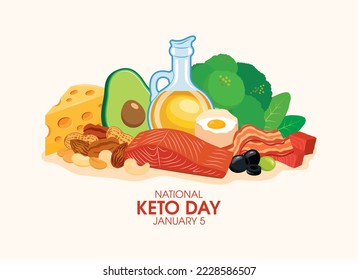 Vector del Día Nacional del Keto. Vector de dieta de bajo contenido de grasa y carbohidratos. Alimentos buenos para el dibujo de la dieta cetogénica. Alimentos grasos saludables siguen siendo un vector de ícono de vida. 5 de enero. Día importante