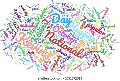 National Kevin Day 3 October Word Cloud In Vector Art Creative Colourful White Back Ground.