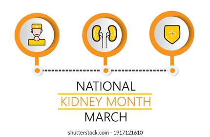 National kidney month concept vector. Heath care event is celebrated in March. Kidneys, doctor, shield icons are shown.