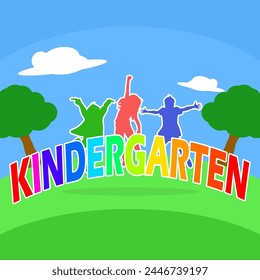 National Kindergarten Day event banner. Colorful bold text with illustration of happy children on the playground to celebrate April on 21st