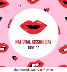 National Kissing Day vector cartoon greeting card, illustration with red lips and seamless pattern background. June 22.
