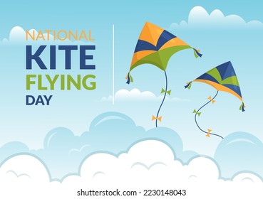 National Kite Flying Day on February 8 of Sunny Sky Background in Kids Summer Leisure Activity in Flat Cartoon Hand Drawn Templates Illustration