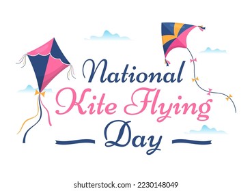 National Kite Flying Day on February 8 of Sunny Sky Background in Kids Summer Leisure Activity in Flat Cartoon Hand Drawn Templates Illustration