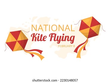 National Kite Flying Day on February 8 of Sunny Sky Background in Kids Summer Leisure Activity in Flat Cartoon Hand Drawn Templates Illustration