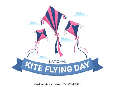 National Kite Flying Day on February 8 of Sunny Sky Background in Kids Summer Leisure Activity in Flat Cartoon Hand Drawn Templates Illustration