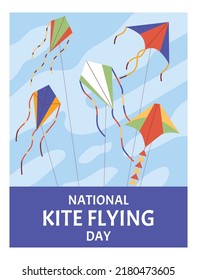 National kite flying day, poster template - flat vector illustration. Colorful kites flying up in the sky. Windy weather concept. Kite fly festival invitation poster or banner.