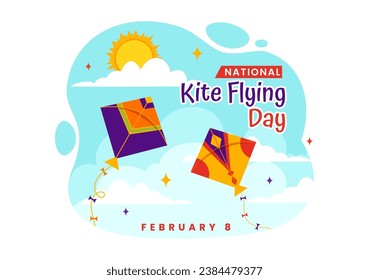 Ilustración vectorial del Día Nacional del Volante de Cometas el 8 de febrero de fondo de Sunny Sky en verano actividad de ocio en diseño de fondo de caricatura plana