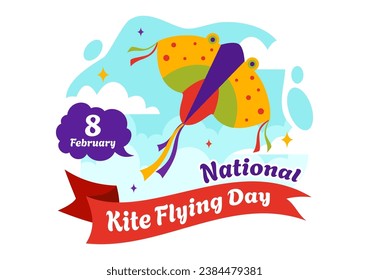 National Kite Flying Day Vector Illustration on February 8 of Sunny Sky Background in Summer Leisure Activity in Flat Cartoon Background Design