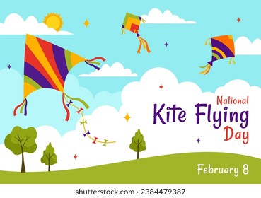 National Kite Flying Day Vector Illustration on February 8 of Sunny Sky Background in Summer Leisure Activity in Flat Cartoon Background Design svg