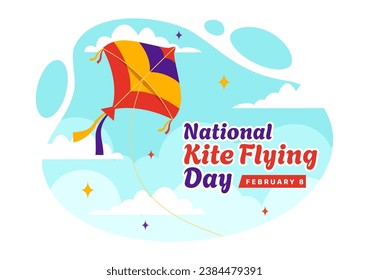 Ilustración vectorial del Día Nacional del Volante de Cometas el 8 de febrero de fondo de Sunny Sky en verano actividad de ocio en diseño de fondo de caricatura plana