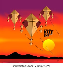 National Kite-Flying Day event banner. Several kites flying in a sunset atmosphere, with bold text to celebrate on February 8