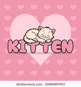 National Kitten Day to celebrate on July 10th. Illustration of a cute kitten sleeping on bold text with a big pink heart behind it on a pink background. Animal event banner.