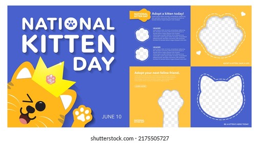 National Kitten Day Social Media and frame Templates. 3d orange cat wearing a crown on blue background. Adopt a kitten today concept. Perfect for social media, cards, flyers, designs, web, covers. 