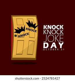 El Día Nacional de los Chistes de Knock Knock se celebra el 31 de octubre. Ilustración de una puerta golpeada ruidosamente sobre un fondo marrón oscuro. Fiesta de Halloween