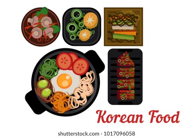 National Korean cuisine. Plates with delicious Asian food. Bibimbap with vegetables, pigodi, grilled pork and traditional side dishes. Flat vector for restaurant menu