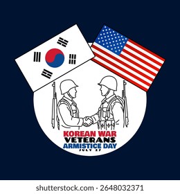 Dia Nacional do Armistício de Veteranos de Guerra da Coreia para comemorar em 27 de julho. Ilustração de arte de linha de dois soldados apertando as mãos com bandeiras coreanas e americanas no fundo azul escuro.