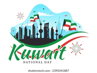 Ilustración vectorial del Día Nacional de Kuwait el 25 de febrero con bandera emblemática, ondeando la bandera y celebración de la independencia con fondo de caricatura plana