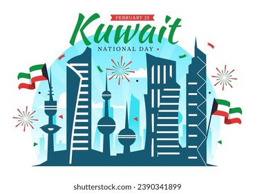 National Kuwait Day Vector Illustration on February 25th with Landmark, Waving Flag and Independence Celebration in Flat Cartoon Background