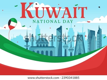 National Kuwait Day Vector Illustration on February 25th with Landmark, Waving Flag and Independence Celebration in Flat Cartoon Background