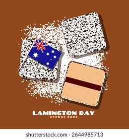 National Lamington Day to celebrate on July 21st. Lamington cake coated in chocolate and covered with coconut shavings and Australian flag on brown background. Food event banner