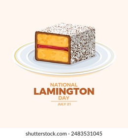 National Lamington Day poster vector illustration. Lamington sponge cake with coconut icon vector. Australian dessert square with jam drawing. Template for background, banner, card. July 21 every year