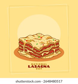 National Lasagna Day to celebrate on July 29th. A plate of delicious lasagna with melted cheese, cheese and meat filling on beige background. Food event background.