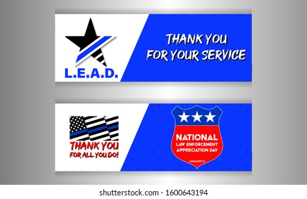 NATIONAL LAW ENFORCEMENT APPRECIATION DAY (L.E.A.D.). January 9. Set of two banners. Poster, card, banner, background, T-shirt design. Vector ilustration. EPS 10