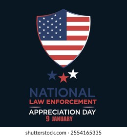 National Law Enforcement Appreciation Day Banner with Shield Design, American Flag, Stars, and Patriotic Colors for January 9th Tribute