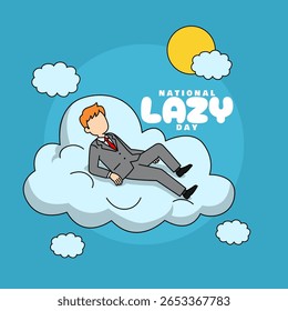 National Lazy Day to celebrate on August 10th. Illustration of a male employee relaxing lying on a cloud on a sky blue background.