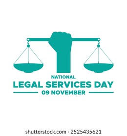 Día Nacional de Servicios Legales, 9 de noviembre, gráfico Vector Día Nacional de Servicios Legales celebrado el 9 de noviembre, tarjeta de felicitación, Plantilla editable.