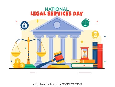 National Legal Services Day Vector Illustration featuring Scales and law books to Justice and Equal Rights for Everyone in Society in a Background