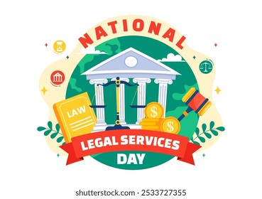 National Legal Services Day Vector Illustration featuring Scales and law books to Justice and Equal Rights for Everyone in Society in a Background