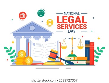 National Legal Services Day Vector Illustration featuring Scales and law books to Justice and Equal Rights for Everyone in Society in a Background