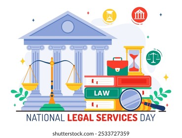 National Legal Services Day Vector Illustration featuring Scales and law books to Justice and Equal Rights for Everyone in Society in a Background