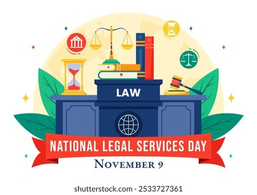 National Legal Services Day Vector Illustration featuring Scales and law books to Justice and Equal Rights for Everyone in Society in a Background