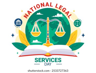 National Legal Services Day Vector Illustration featuring Scales and law books to Justice and Equal Rights for Everyone in Society in a Background