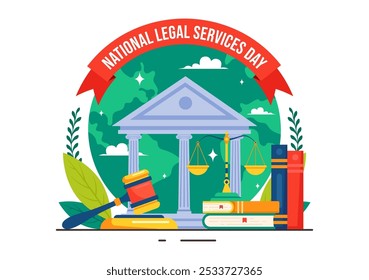 National Legal Services Day Vector Illustration featuring Scales and law books to Justice and Equal Rights for Everyone in Society in a Background