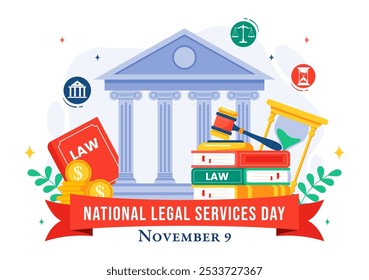 National Legal Services Day Vector Illustration featuring Scales and law books to Justice and Equal Rights for Everyone in Society in a Background