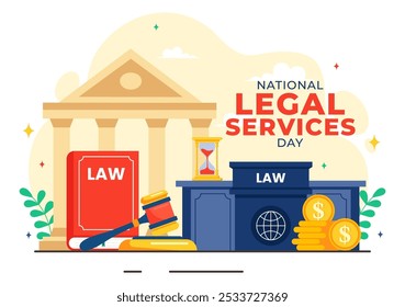 National Legal Services Day Vector Illustration featuring Scales and law books to Justice and Equal Rights for Everyone in Society in a Background