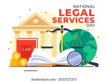 National Legal Services Day Vector Illustration featuring Scales and law books to Justice and Equal Rights for Everyone in Society in a Background