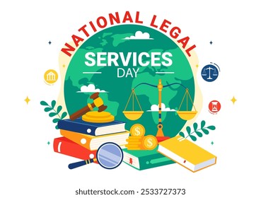 National Legal Services Day Vector Illustration featuring Scales and law books to Justice and Equal Rights for Everyone in Society in a Background