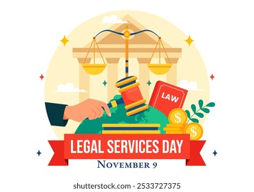 National Legal Services Day Vector Illustration featuring Scales and law books to Justice and Equal Rights for Everyone in Society in a Background