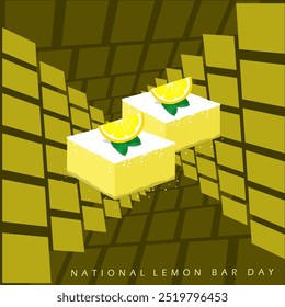 National Lemon Bar Day celebrates on October 15th. Two slices of lemon cake with lemon slices and mint leaves on brown background. Event food banner.