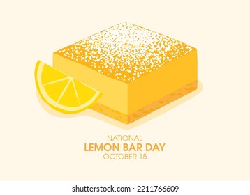 National Lemon Bar Day Vector. Slice Of Fresh Lemon Cake Icon Vector. Lemon Pie With Powdered Sugar On Top Drawing. October 15. Important Day