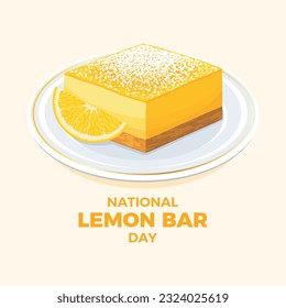 National Lemon Bar Day vector illustration. Slice of fresh lemon cake on a plate icon vector. Lemon dessert with powdered sugar on top drawing. October 15 each year. Important day