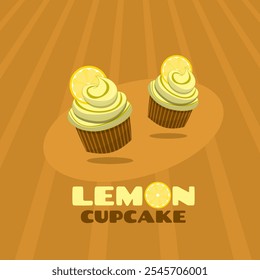 Día Nacional del Cupcake de Limón para celebrar el 15 de diciembre. Delicioso limón con rebanada de limón sobre fondo marrón. Anuncio de eventos gastronómicos.