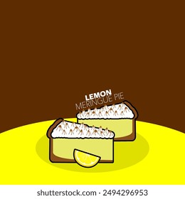 National Lemon Meringue Pie Day event food banner. Two slices of Lemon Meringue pie with lemon on yellow table on dark brown background to celebrate on August 15th