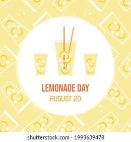 National Lemonade Day greeting card, vector illustration with glasses of lemonade and seamless pattern background. August 20.
