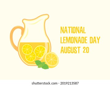 Vector del Día Nacional de la Lemonada. Pitcher de lamonada con limones e ícono de menta. Jug con vectores de bebida fresca de verano. Afiche del Día de la Lemonada, 20 de agosto. Día importante