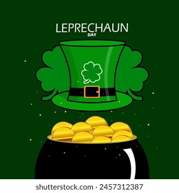 Anuncio del evento del Día Nacional del Leprechaun. Sombrero verde de duende en una estufa negra que contiene monedas de oro sobre fondo verde oscuro para celebrar el 13 de mayo